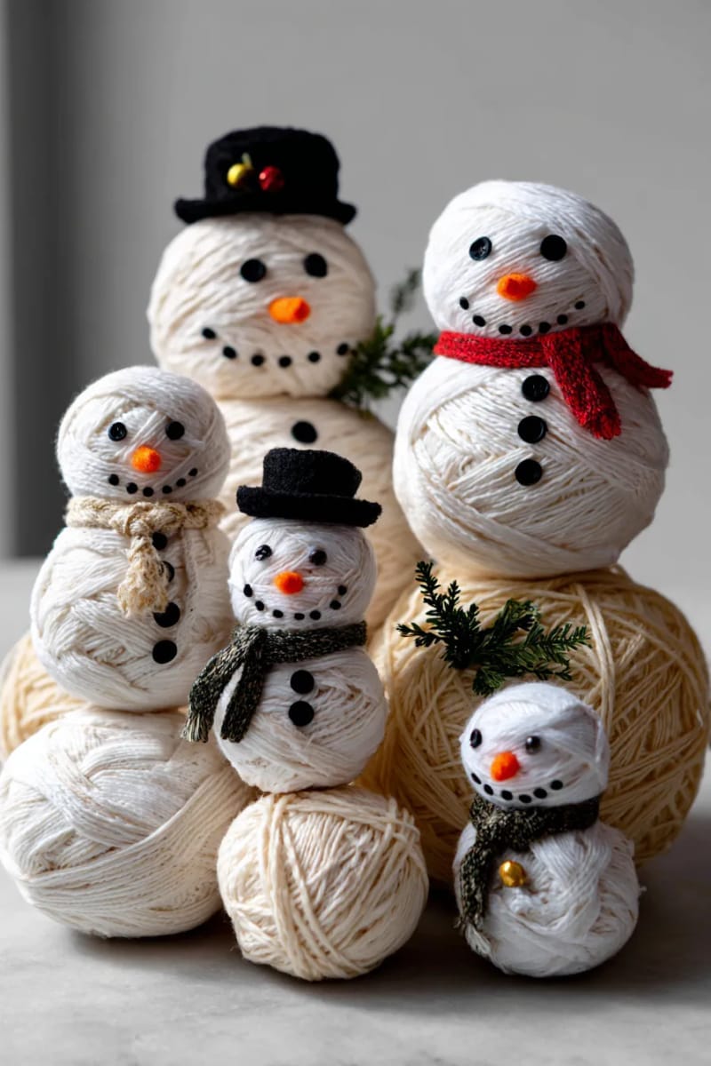 27 Unique Christmas Craft Decorations for Inspired Homes 131 snowman family from stacked white yarn balls and tiny felt accessories 1