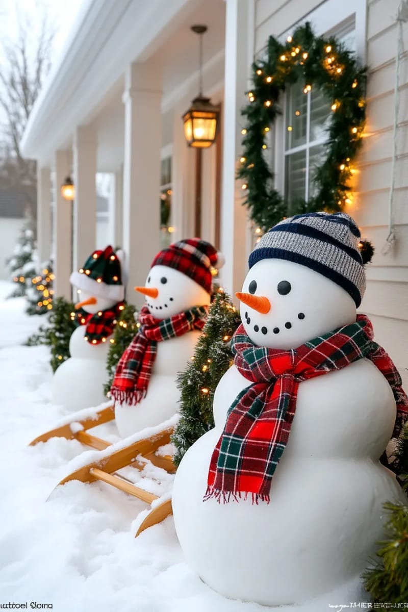 snowman family with matching scarves and sledding accessories in front yard 1