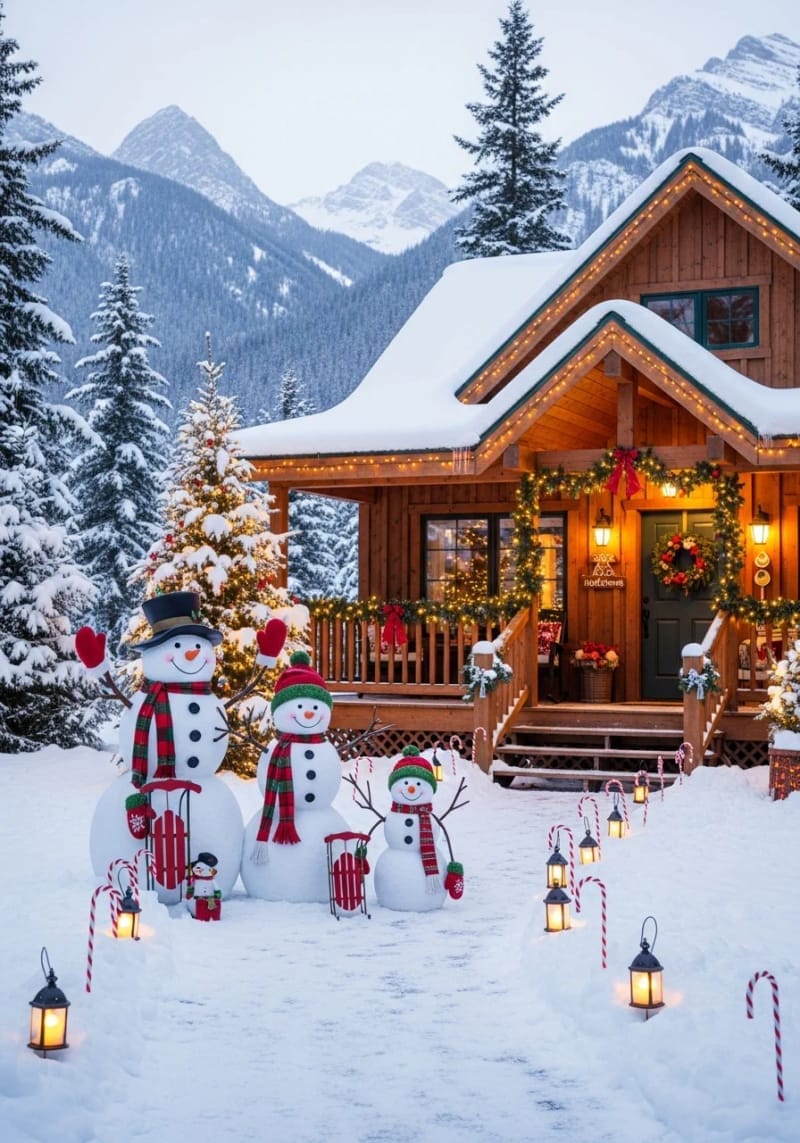 snowman family with matching scarves and sledding accessories in front yard 1