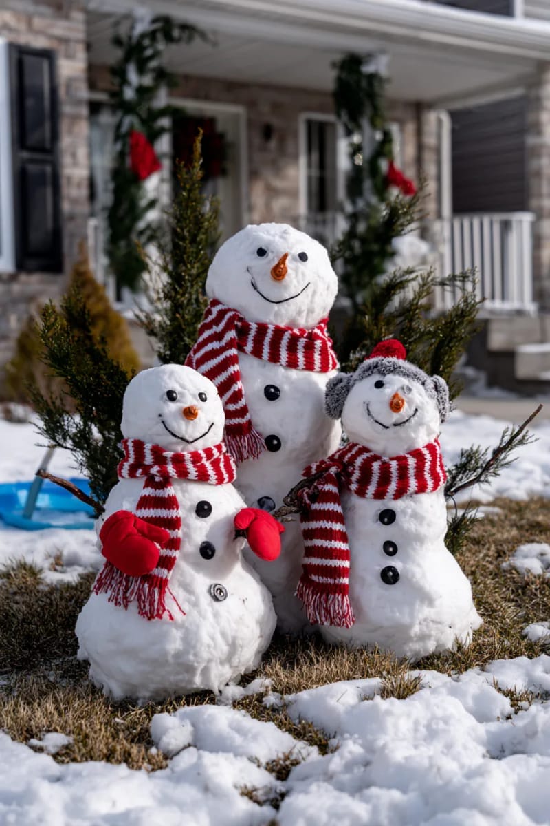 snowman family with matching scarves and sledding accessories in front yard 1