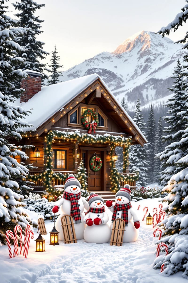 snowman family with matching scarves and sledding accessories in front yard 1