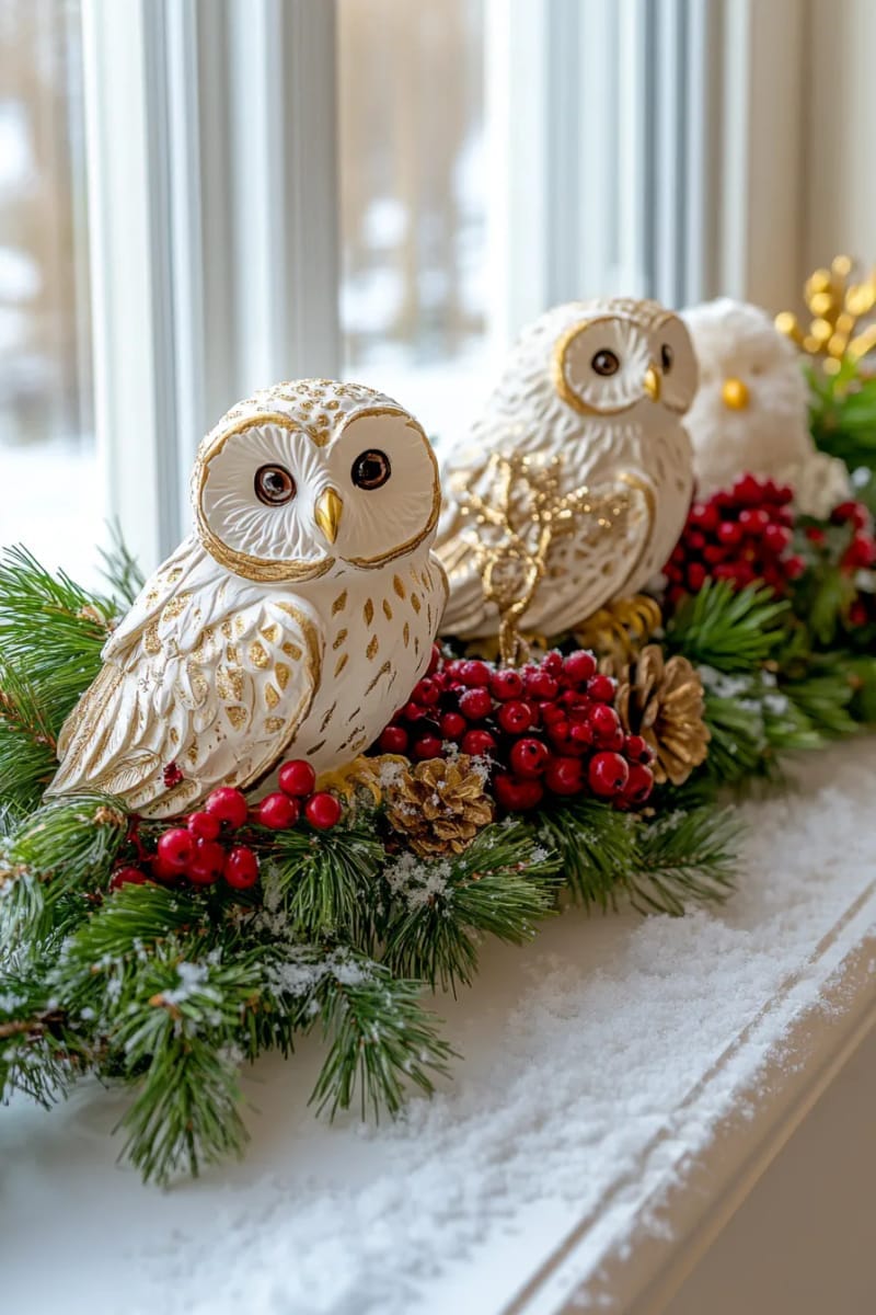 25 Best Christmas Window Decor Ideas to Try This Year 49 snowy owl figurines perched among pine sprigs and berries on the sill. 1
