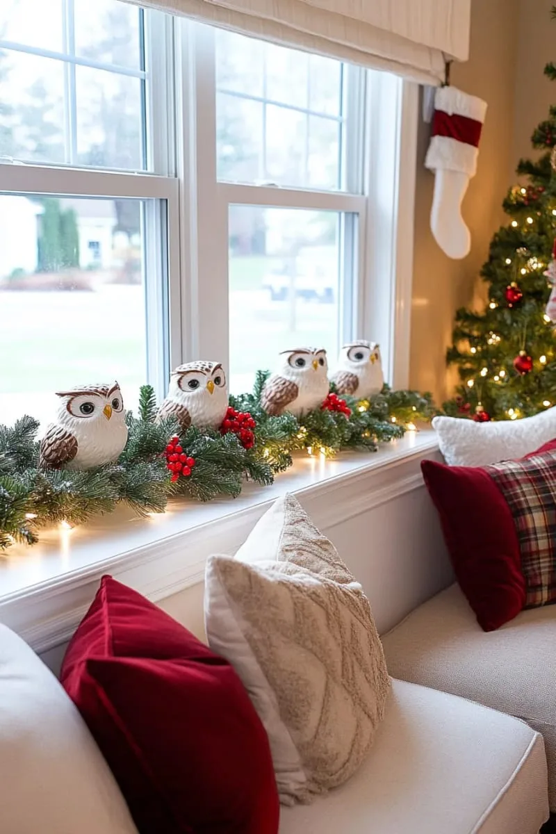 25 Best Christmas Window Decor Ideas to Try This Year 91 snowy owl figurines perched among pine sprigs and berries on the sill. 1