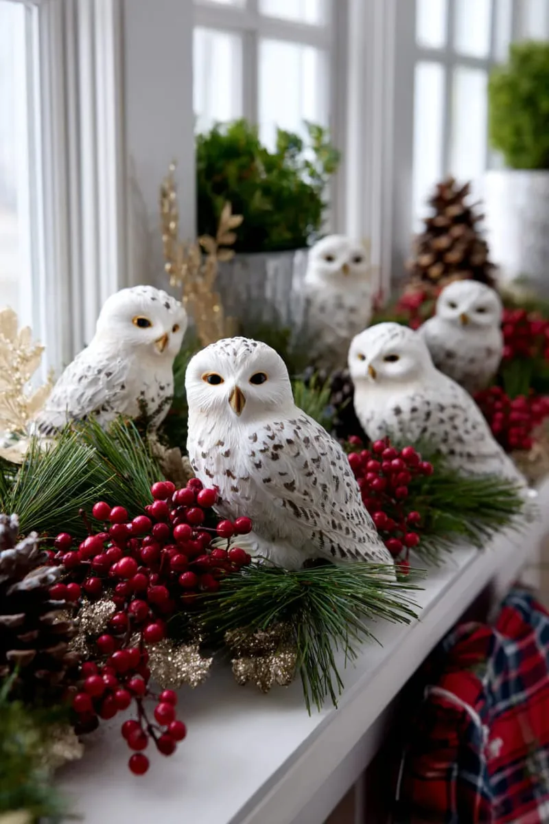 25 Best Christmas Window Decor Ideas to Try This Year 94 snowy owl figurines perched among pine sprigs and berries on the sill. 1