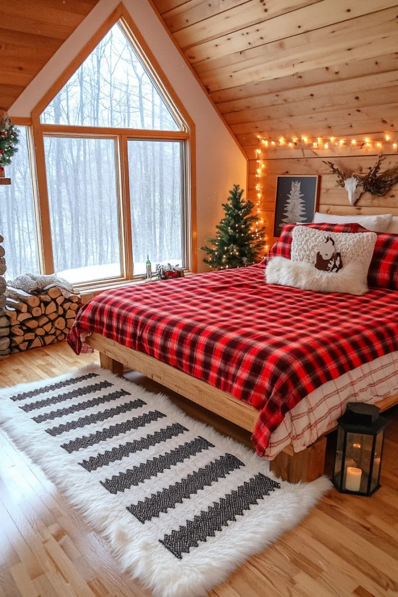 snuggly cabin bedroom with snow falling outside and red flannel bedding 1