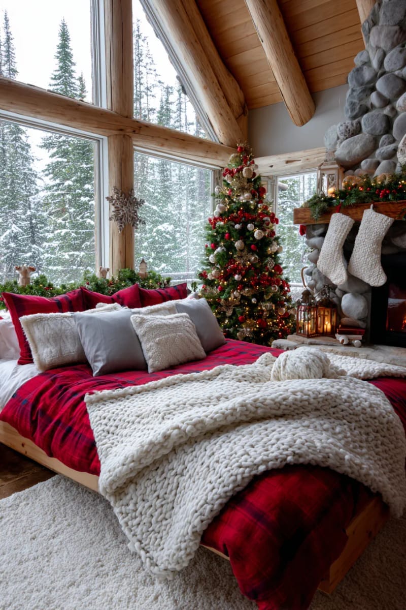 snuggly cabin bedroom with snow falling outside and red flannel bedding 1