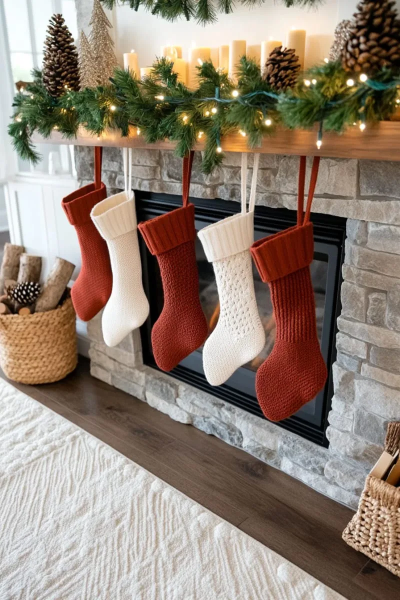 soft beige and rust-colored stockings by a stone fireplace 1