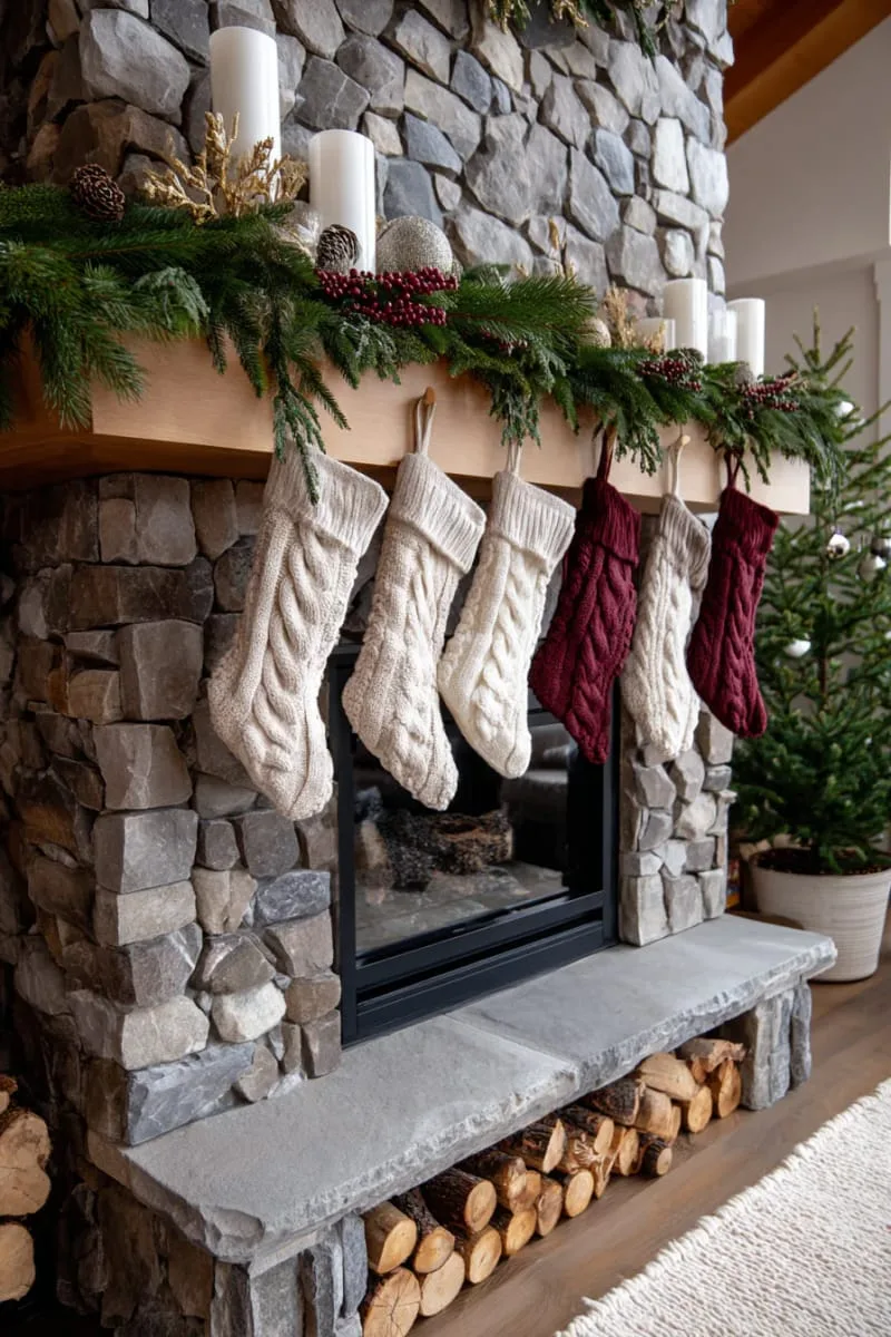 soft beige and rust-colored stockings by a stone fireplace 1