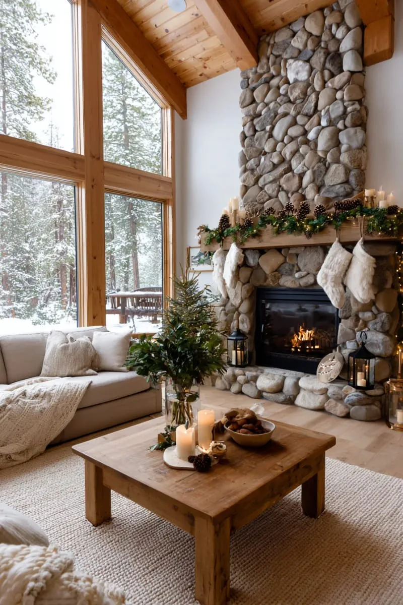 soft beige and rust-colored stockings by a stone fireplace 1
