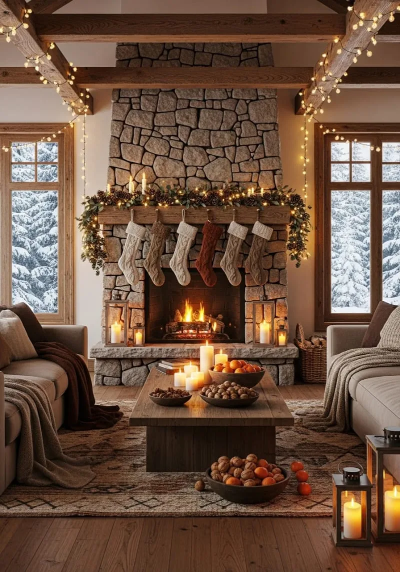 soft beige and rust-colored stockings by a stone fireplace 1