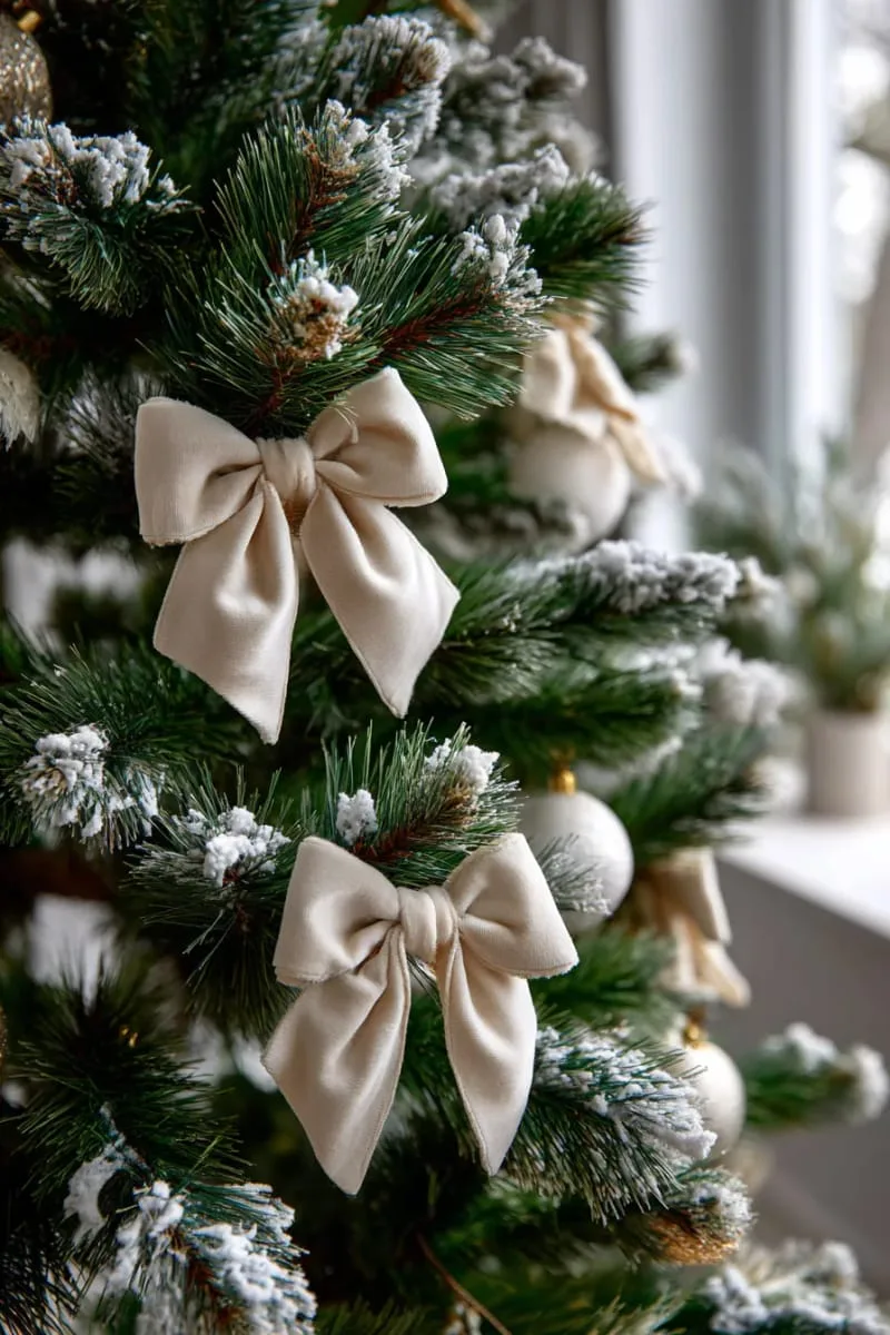 soft beige velvet ribbon bows on snowy pine christmas tree 1