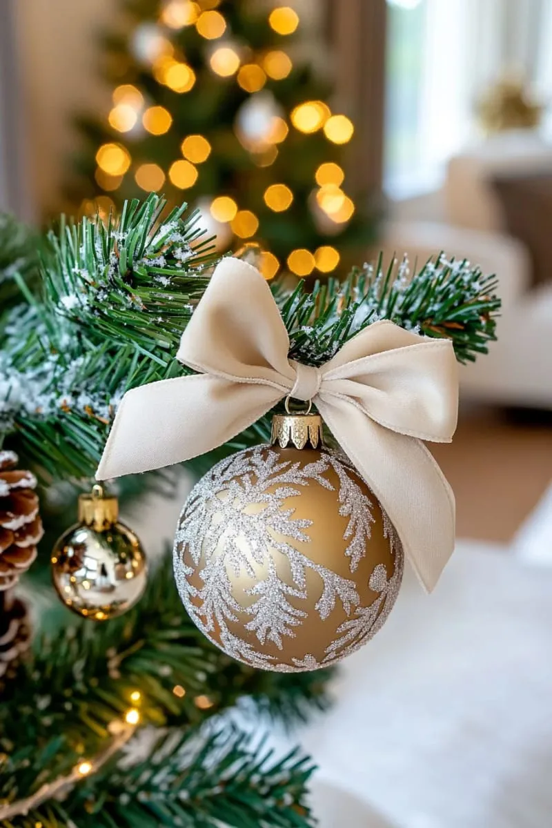 soft beige velvet ribbon bows on snowy pine christmas tree 1