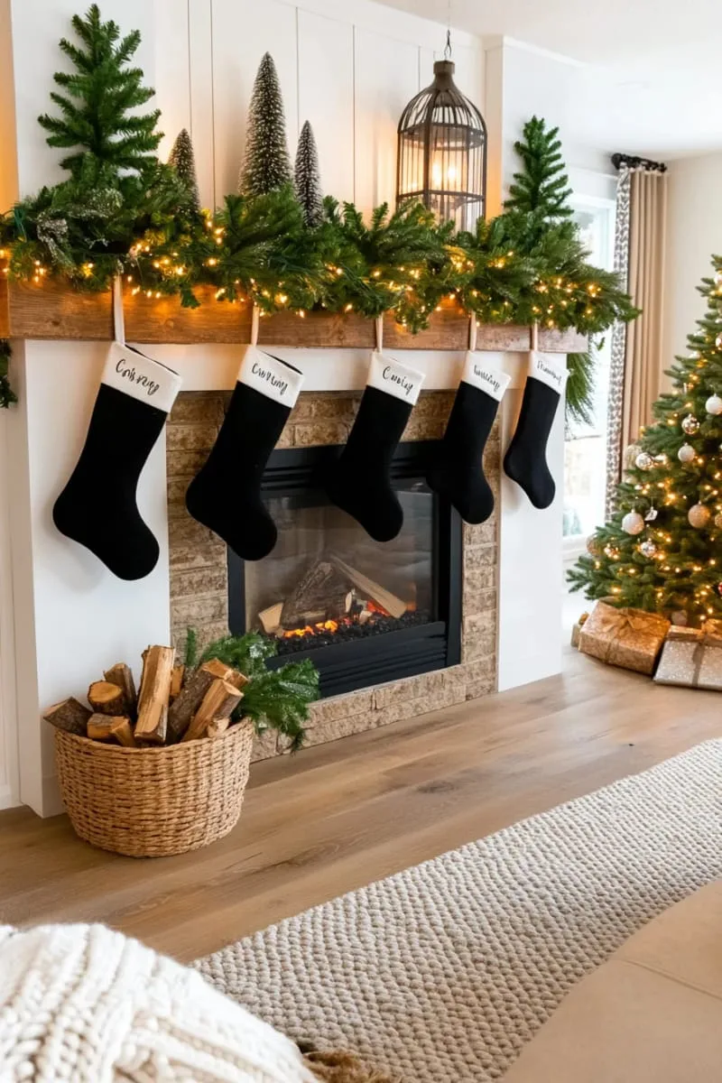soft black felt stockings hung on a rustic wooden mantel 1