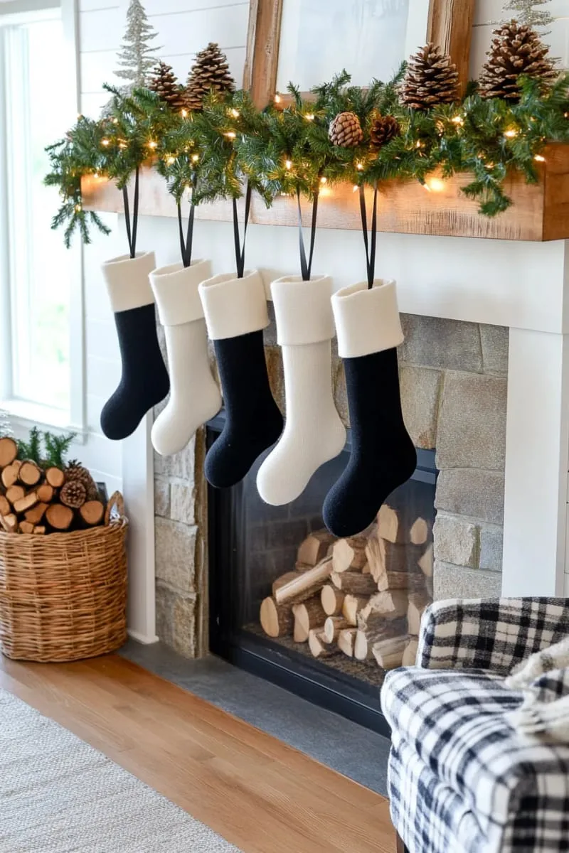 soft black felt stockings hung on a rustic wooden mantel 1