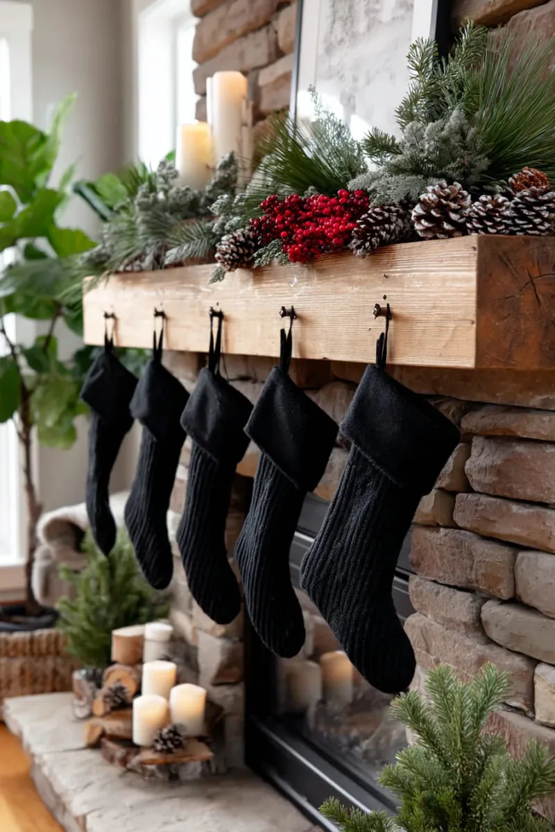 soft black felt stockings hung on a rustic wooden mantel 1