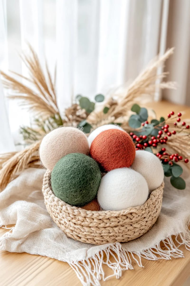 27 Dreamy Boho Christmas Decor Ideas to Try in 2025 62 soft felt ball ornaments in muted bohemian color palettes 1