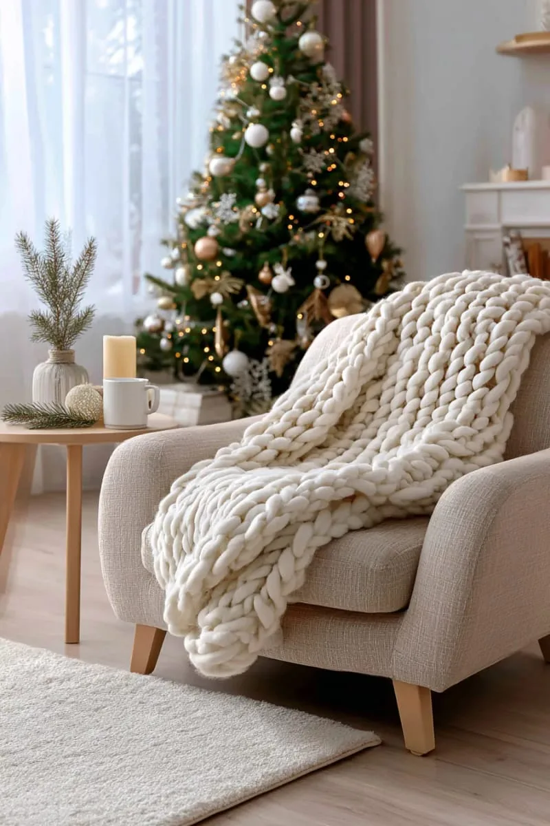 soft ivory chunky knit blanket tossed on a cozy armchair 1