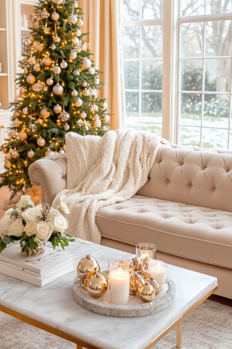 soft neutral throws layered over a tufted velvet sofa near a lit tree 1
