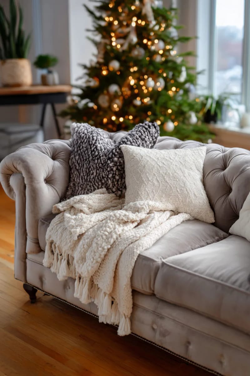 soft neutral throws layered over a tufted velvet sofa near a lit tree 1