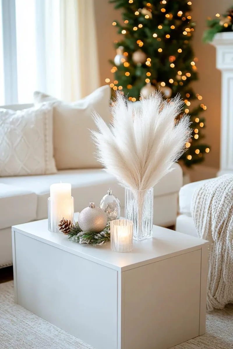 25 New Gorgeous White Christmas Decor Ideas That Wow 35 soft white pampas grass in a frosted glass vase for side tables 1