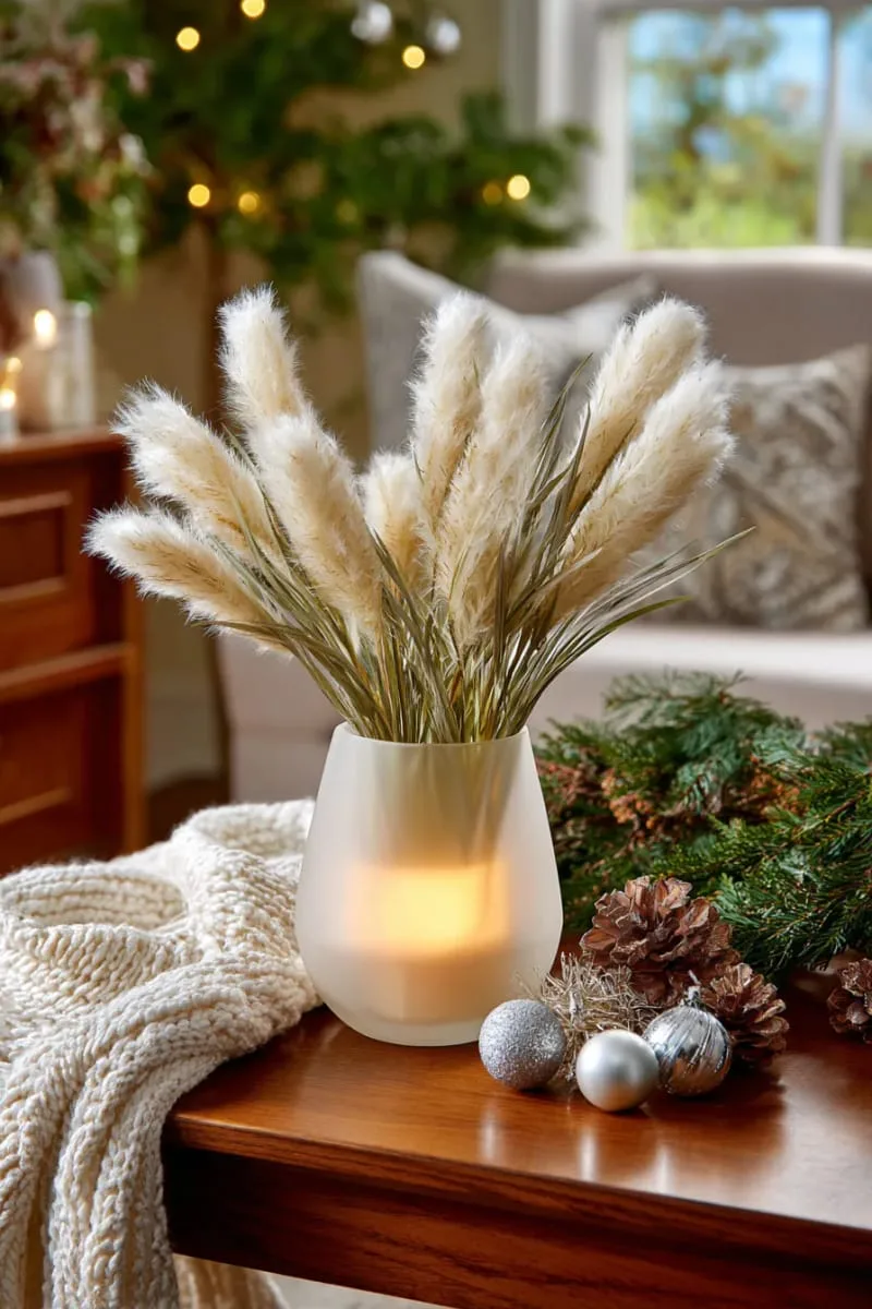 25 New Gorgeous White Christmas Decor Ideas That Wow 36 soft white pampas grass in a frosted glass vase for side tables 1