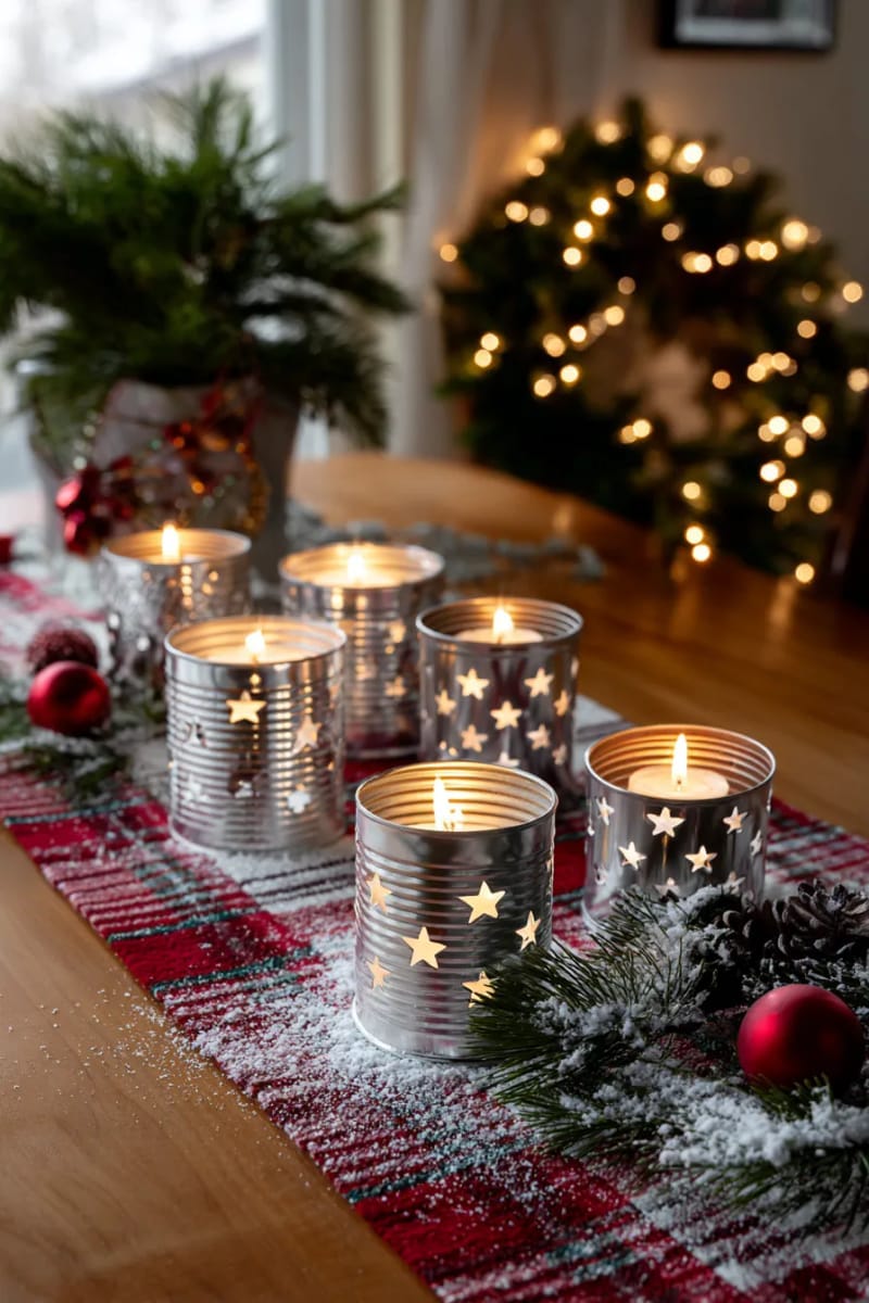 25 Upcycled Christmas Crafts DIY: Unique & Budget Friendly Decor Ideas 17 soup can lanterns with star-shaped cutouts and tea lights inside 1