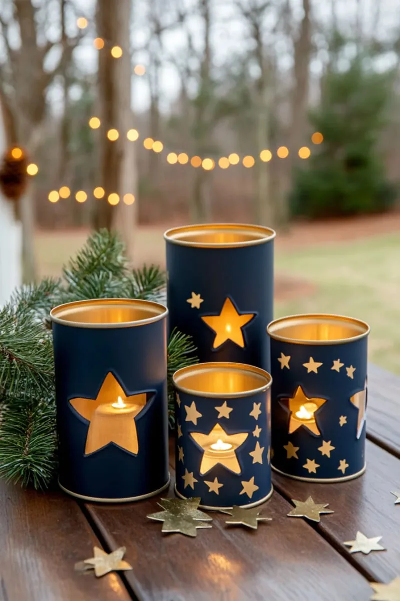 25 Upcycled Christmas Crafts DIY: Unique & Budget Friendly Decor Ideas 17 soup can lanterns with star-shaped cutouts and tea lights inside 1