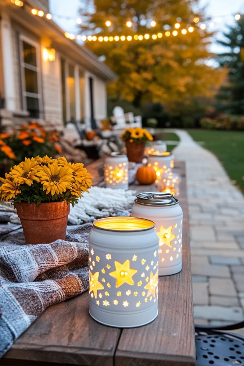 25 Upcycled Christmas Crafts DIY: Unique & Budget Friendly Decor Ideas 21 soup can lanterns with star-shaped cutouts and tea lights inside 1