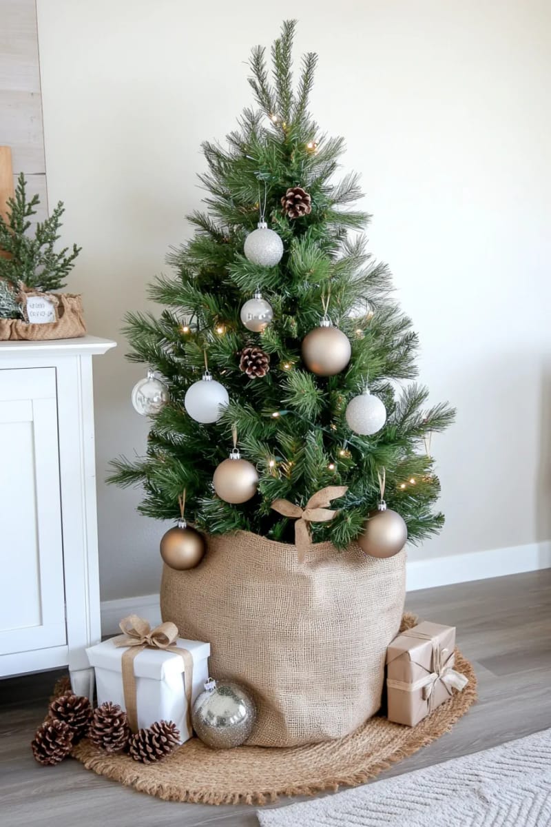 23 Minimalist Christmas Decor Ideas Perfect for a Modern Home 6 sparse pine tree in burlap sack with neutral ornaments and fairy lights 1
