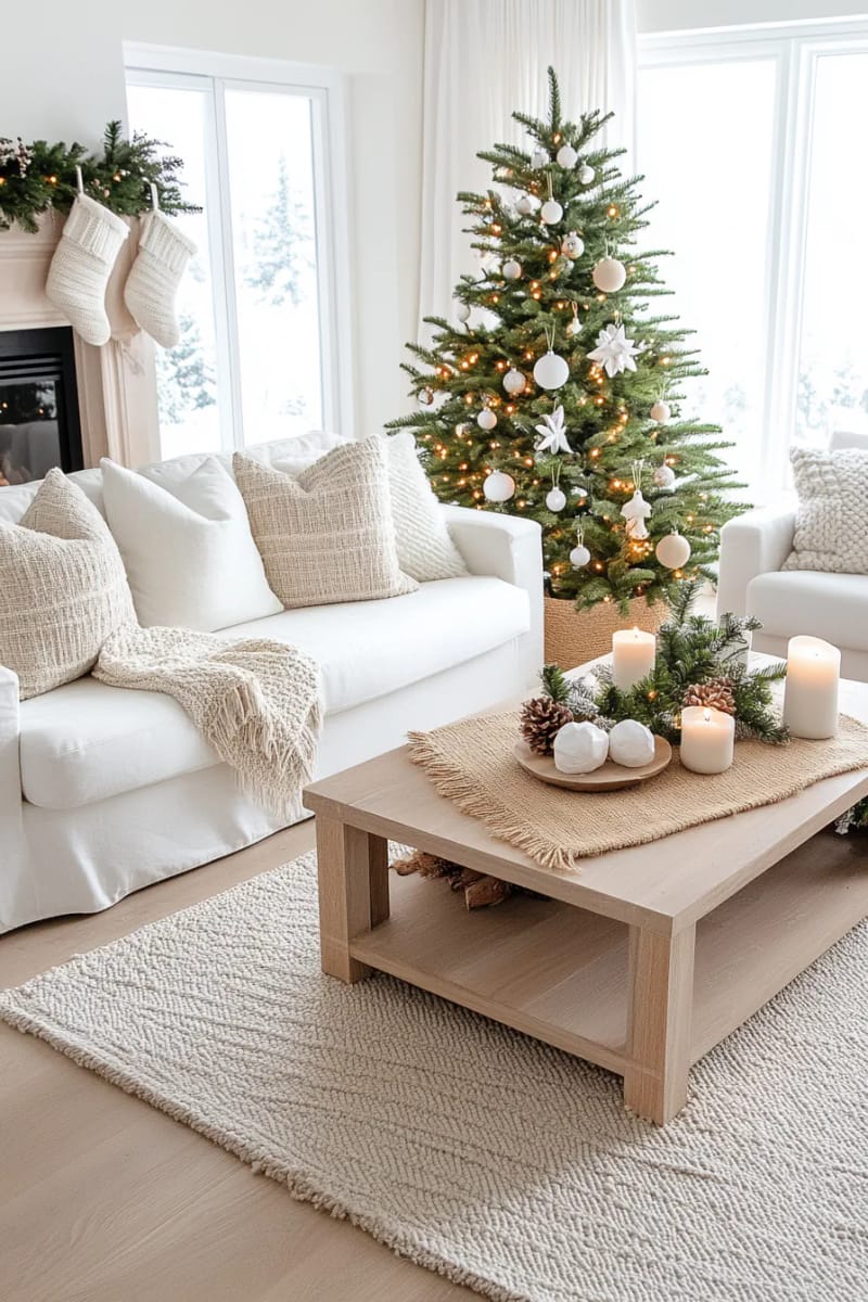 23 Minimalist Christmas Decor Ideas Perfect for a Modern Home 7 sparse pine tree in burlap sack with neutral ornaments and fairy lights 1
