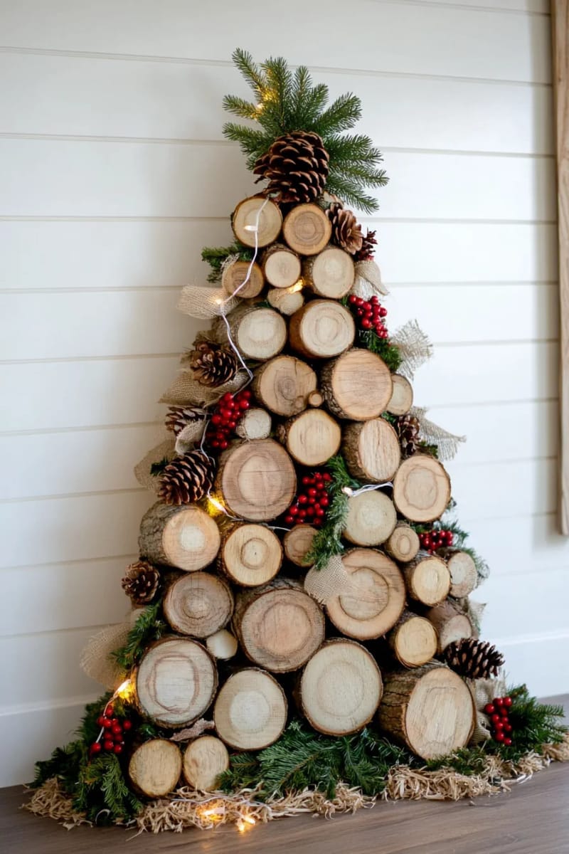 stack cut logs and wood slices for a chunky, rustic christmas tree. 1