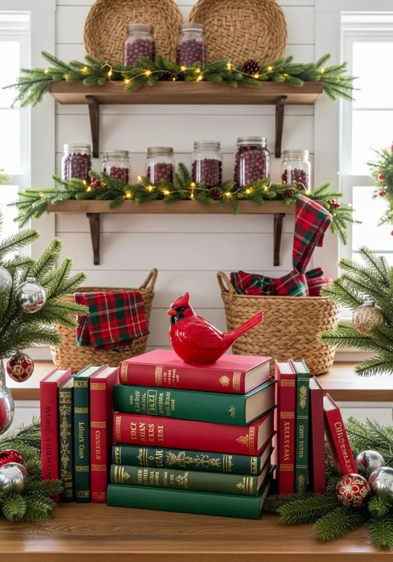 23 Christmas Countertop Decor Ideas Guests Can’t Stop Talking About 111 stack of decorative christmas books topped with a ceramic cardinal 1