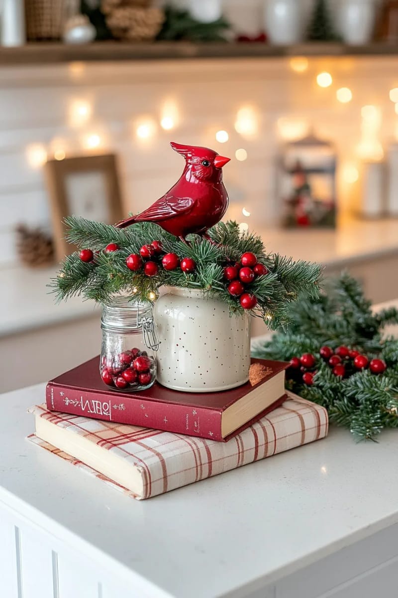 23 Christmas Countertop Decor Ideas Guests Can’t Stop Talking About 69 stack of decorative christmas books topped with a ceramic cardinal 1