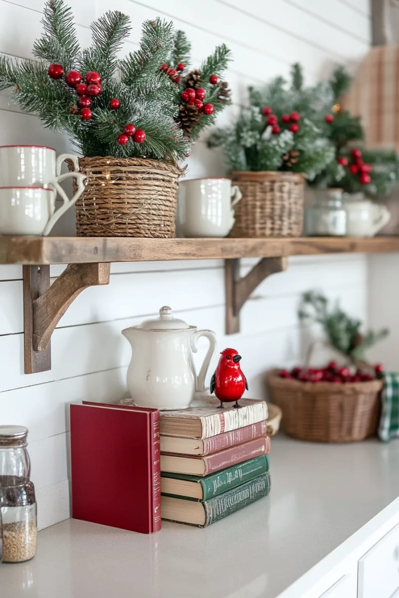 23 Christmas Countertop Decor Ideas Guests Can’t Stop Talking About 70 stack of decorative christmas books topped with a ceramic cardinal 1