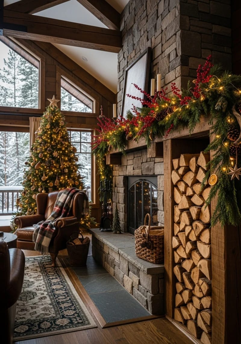 23 Woodsy Christmas Decor Ideas for a Rustic, Cabin-Cozy Holiday 23 stack of firewood decorated with greenery and warm white lights 1