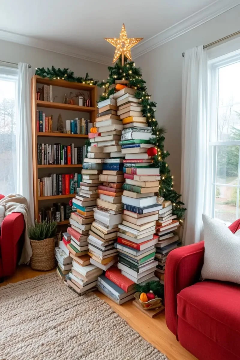 27 Sustainable Christmas Trees For Cheap and Eco-Friendly Decor 2 stack vintage books in a tree shape for a rustic christmas tree. 1