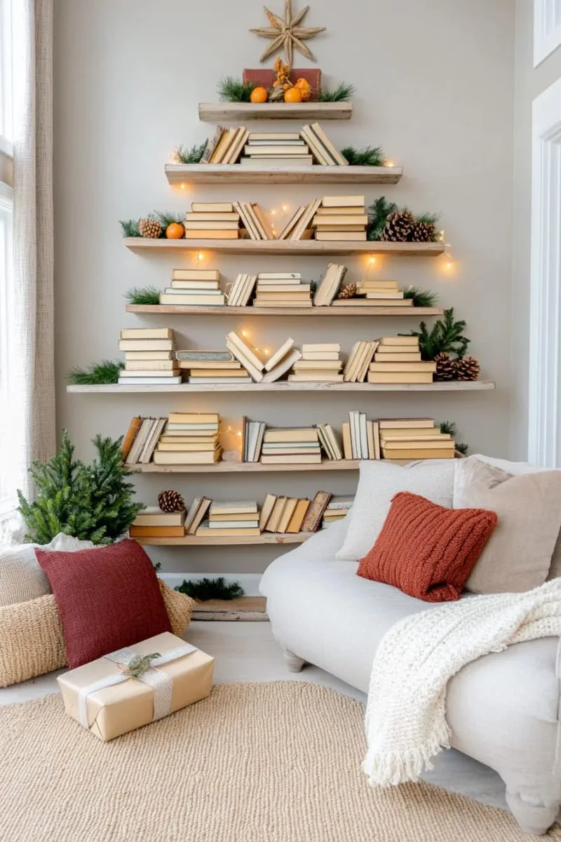 27 Sustainable Christmas Trees For Cheap and Eco-Friendly Decor 3 stack vintage books in a tree shape for a rustic christmas tree. 1
