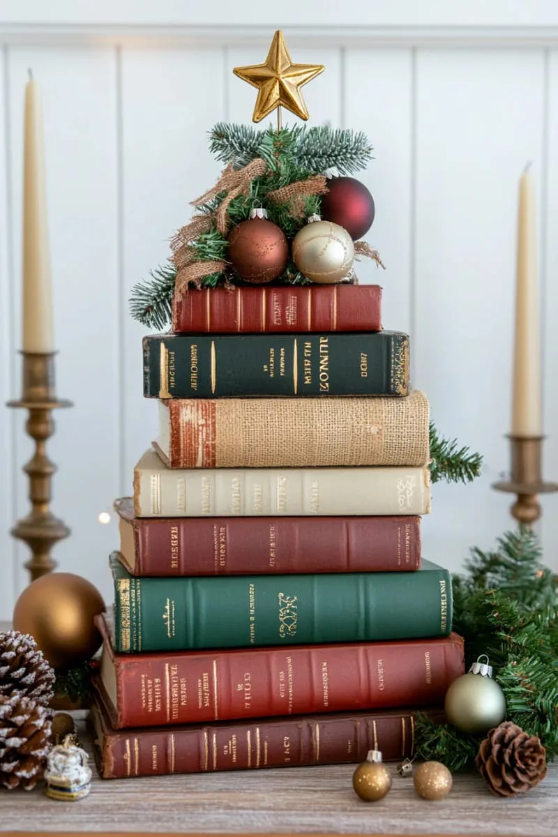 27 Sustainable Christmas Trees For Cheap and Eco-Friendly Decor 4 stack vintage books in a tree shape for a rustic christmas tree. 1