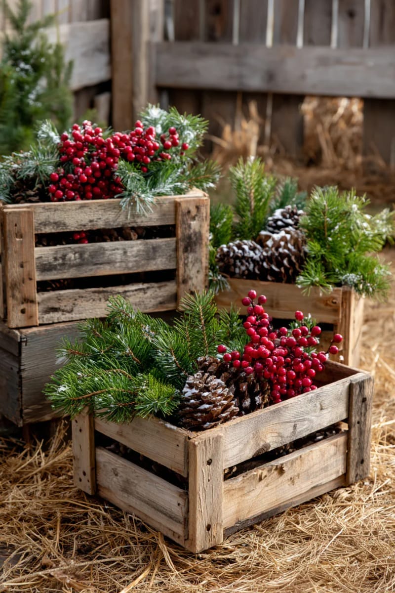 27 Country Christmas Decor Ideas That Wow 3 stack vintage wooden crates with pine branches and red berry sprigs. 1