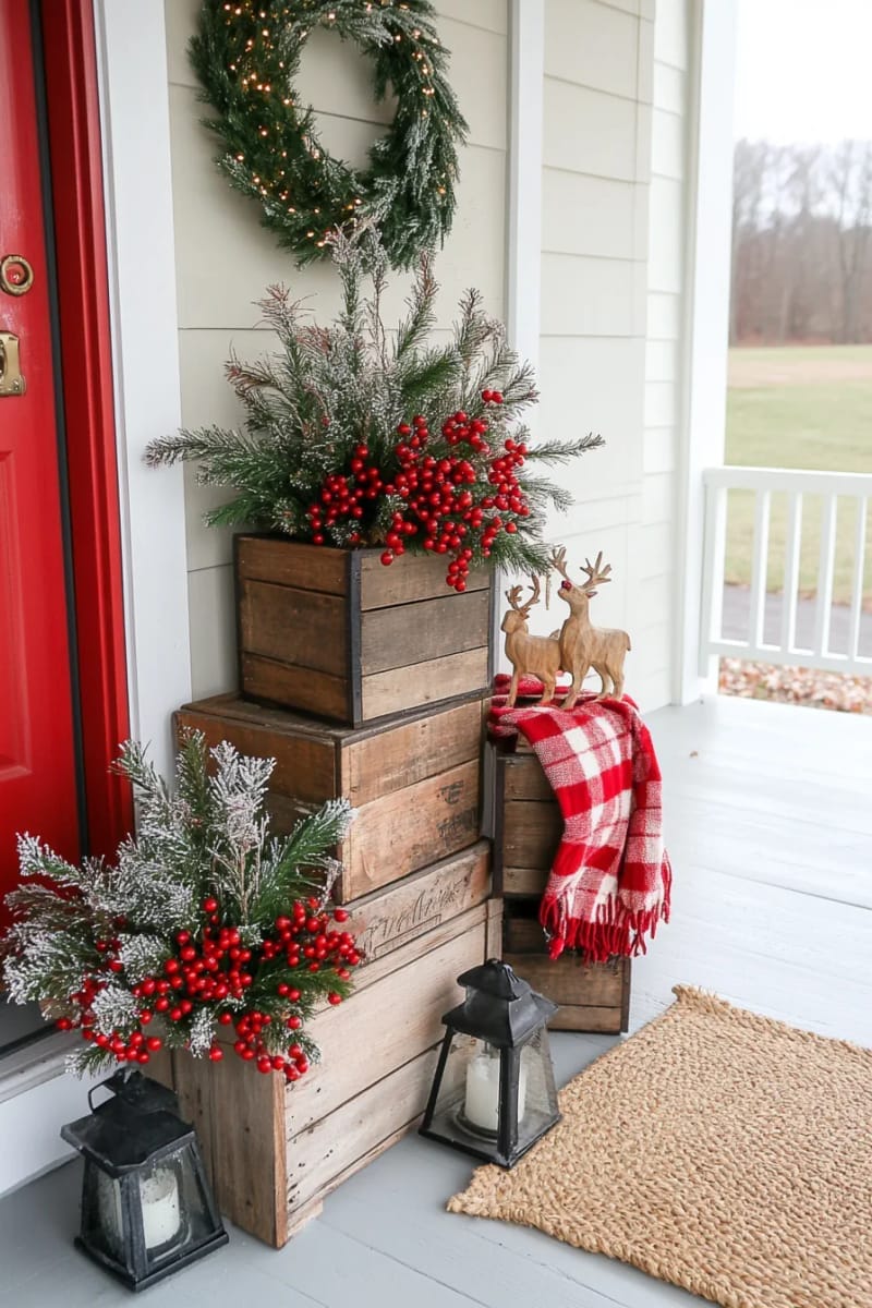27 Country Christmas Decor Ideas That Wow 4 stack vintage wooden crates with pine branches and red berry sprigs. 1
