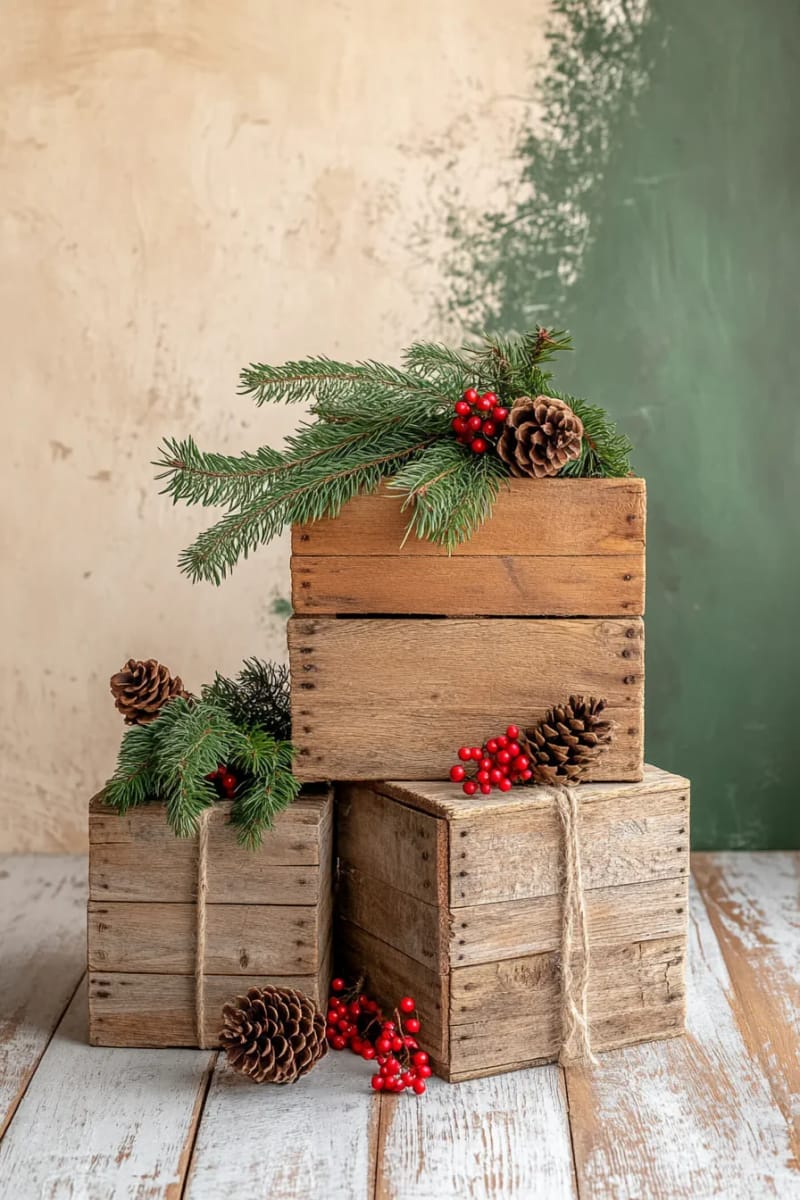 27 Country Christmas Decor Ideas That Wow 5 stack vintage wooden crates with pine branches and red berry sprigs. 1