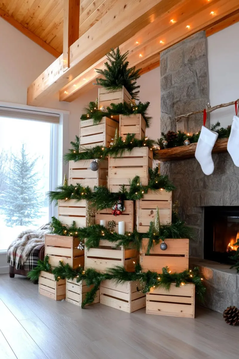 27 Sustainable Christmas Trees For Cheap and Eco-Friendly Decor 31 stack wooden crates and fill with greenery for a beautiful christmas tree display. 1