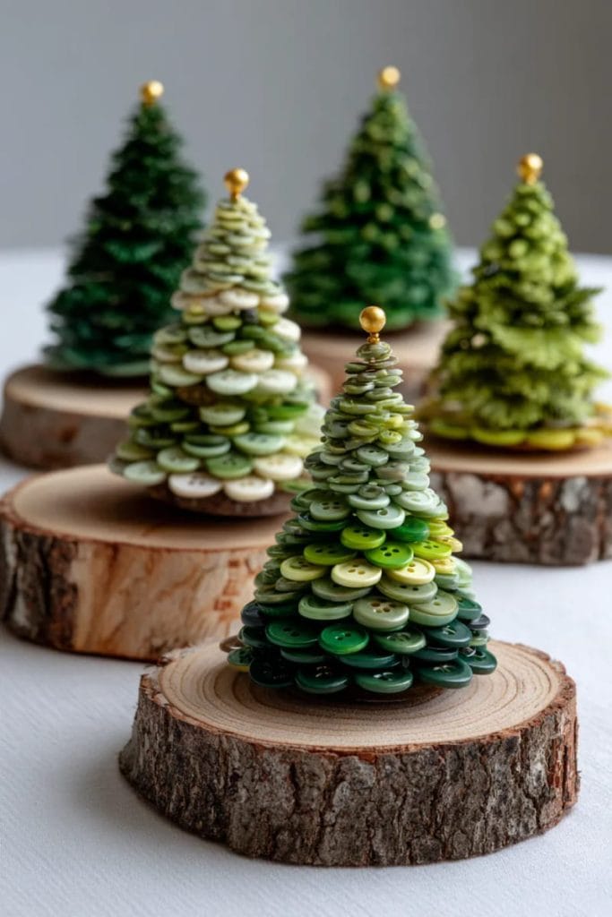 stacked button christmas trees in gradient green shades on wood slices 16