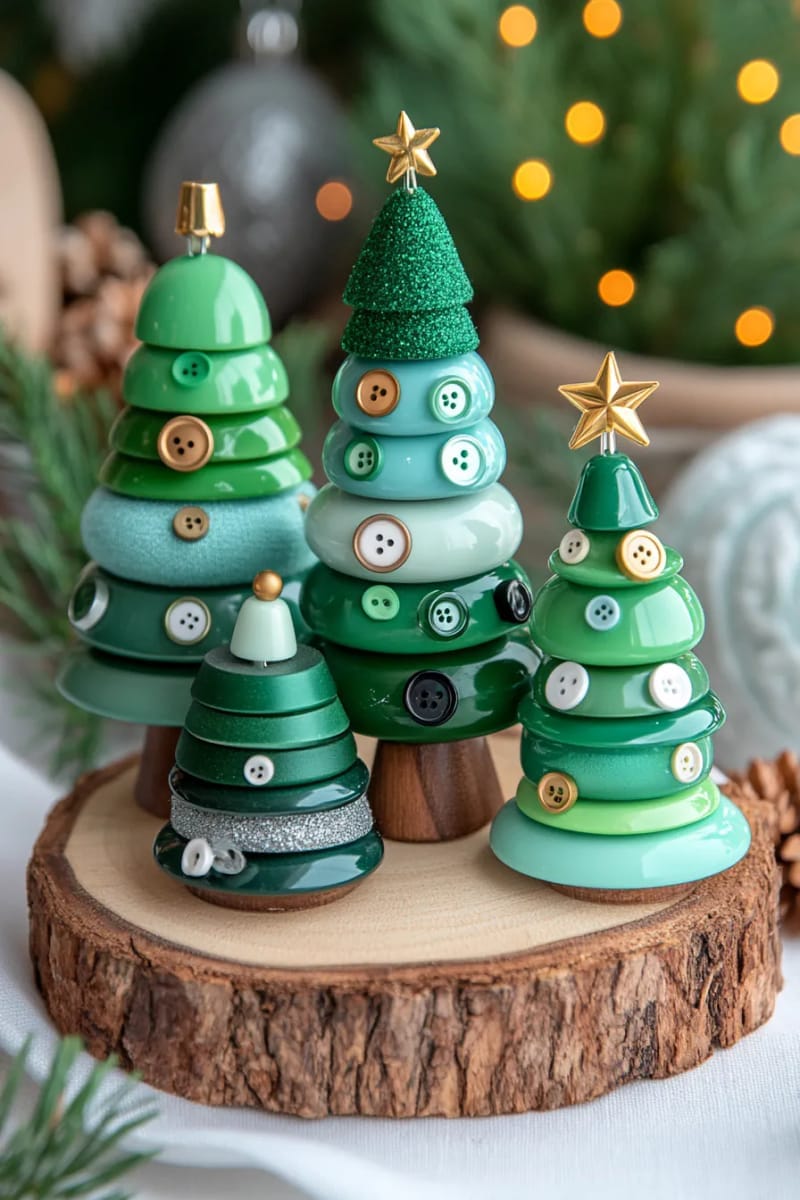 27 Unique Christmas Craft Decorations for Inspired Homes 38 stacked button christmas trees in gradient green shades on wood slices 1