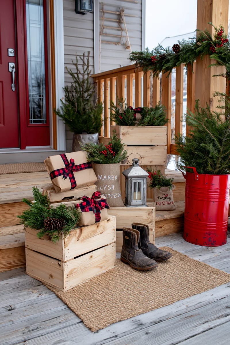stacked wooden crates with wrapped gifts and pine branches for a cozy welcome. 1