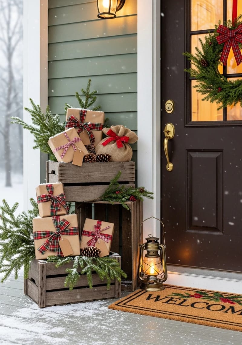 stacked wooden crates with wrapped gifts and pine branches for a cozy welcome. 1