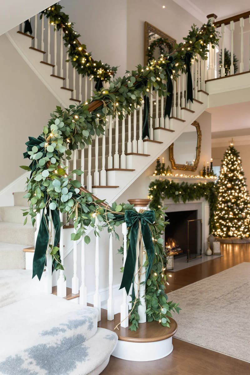 staircase banister wrapped with eucalyptus, velvet ribbon, and fairy lights 1