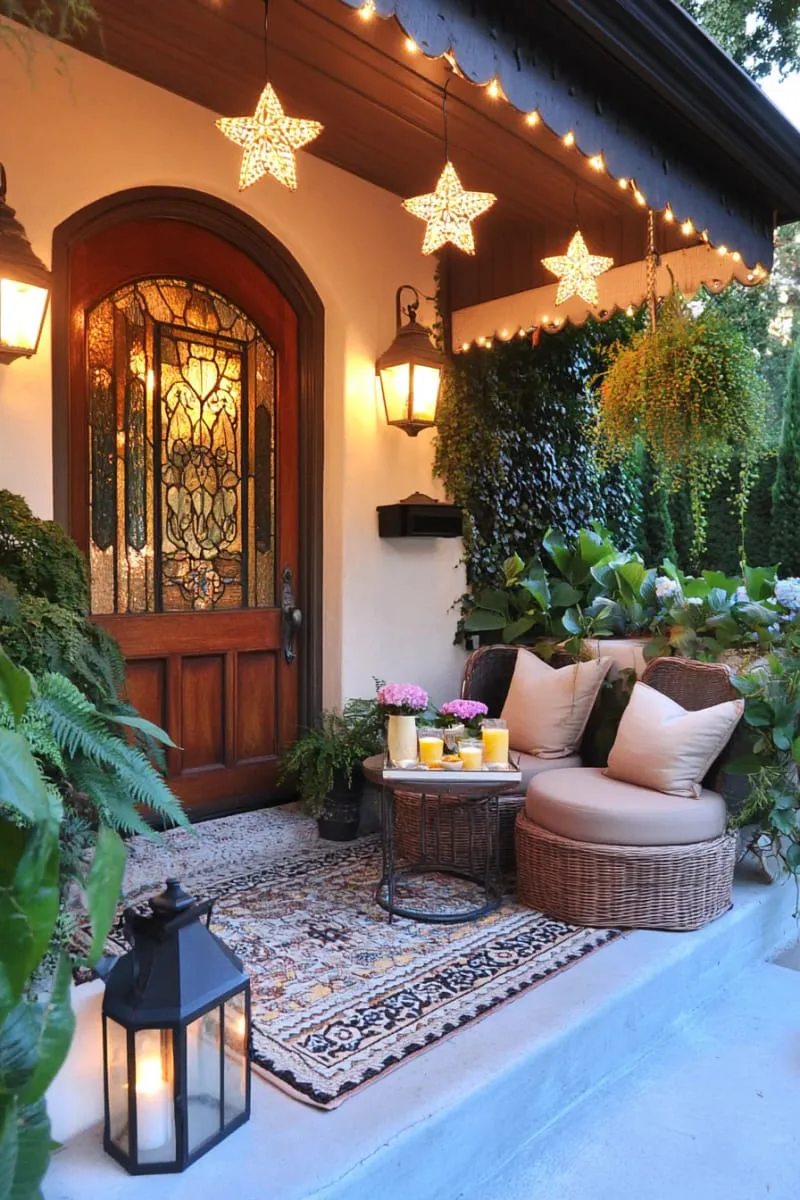 star-shaped fairy light clusters hanging above the front entrance 1