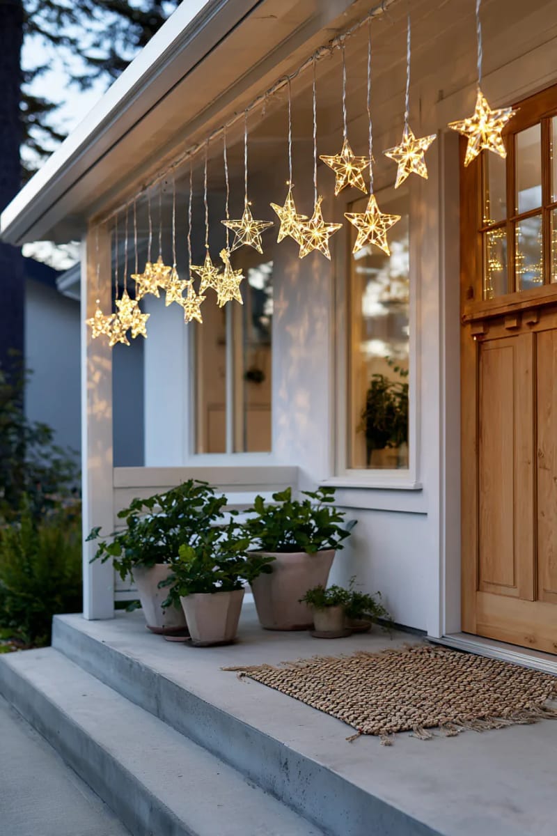 27 Beautiful Christmas Front Door Decor Ideas to Inspire 26 star-shaped fairy light clusters hanging above the front entrance 1