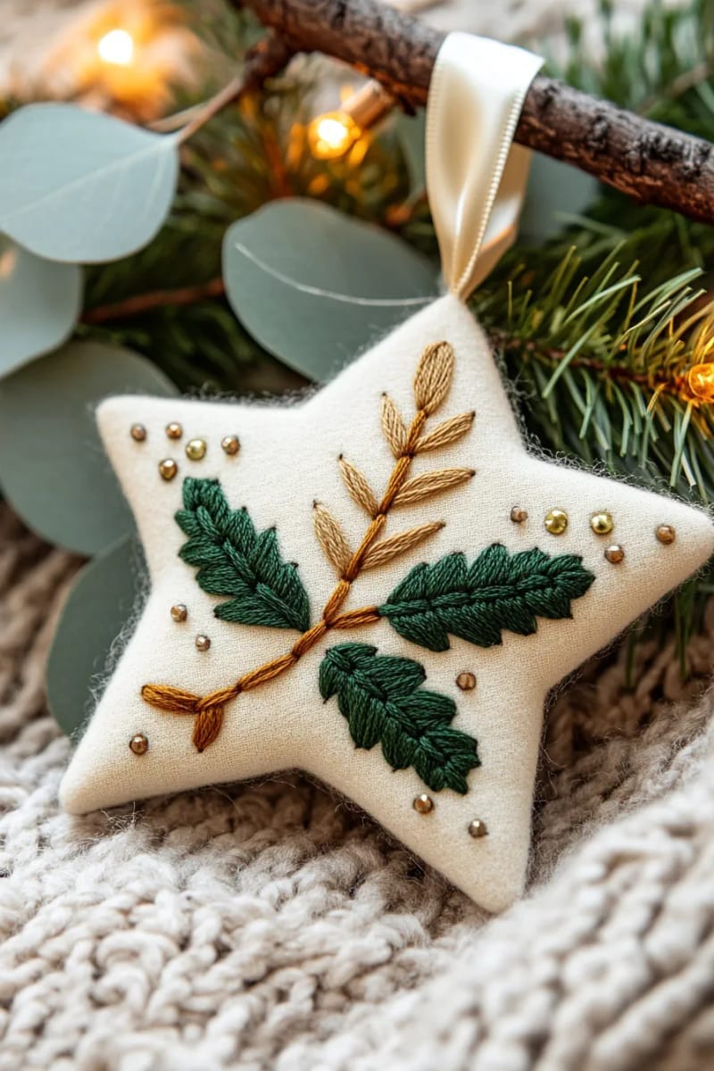 star-shaped felt ornament with intricate leafy embroidery and seed beads 1